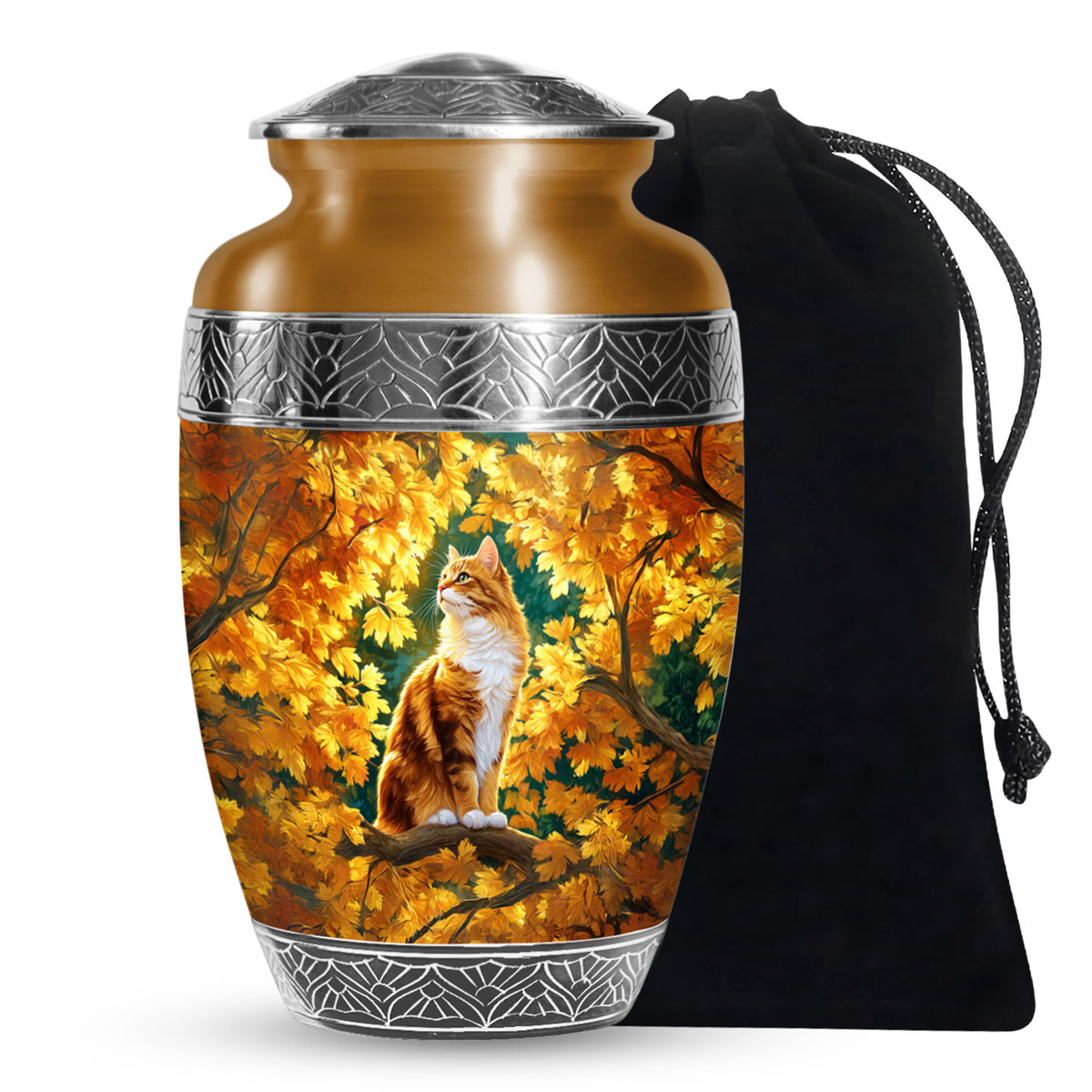 Autumn Golden Cat Memorial Urn - Decorative Funeral Urn For Adult Ashes