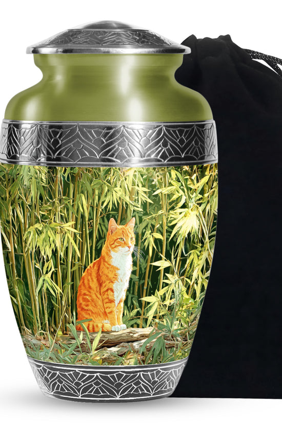 Orange Cat Cremation Urn - Nature Bamboo Design Memorial Urn For Cat Ashes