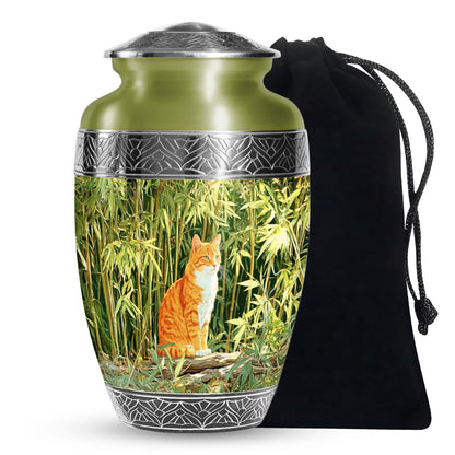 Orange Cat Cremation Urn - Nature Bamboo Design Memorial Urn For Cat Ashes