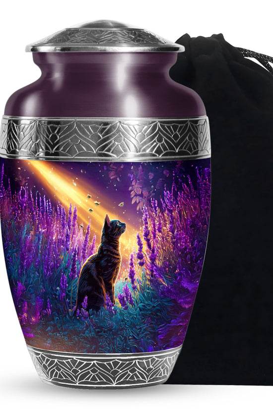 Black Cat Memorial Urn - Lavender Field Cremation Urn For Pet Ashes