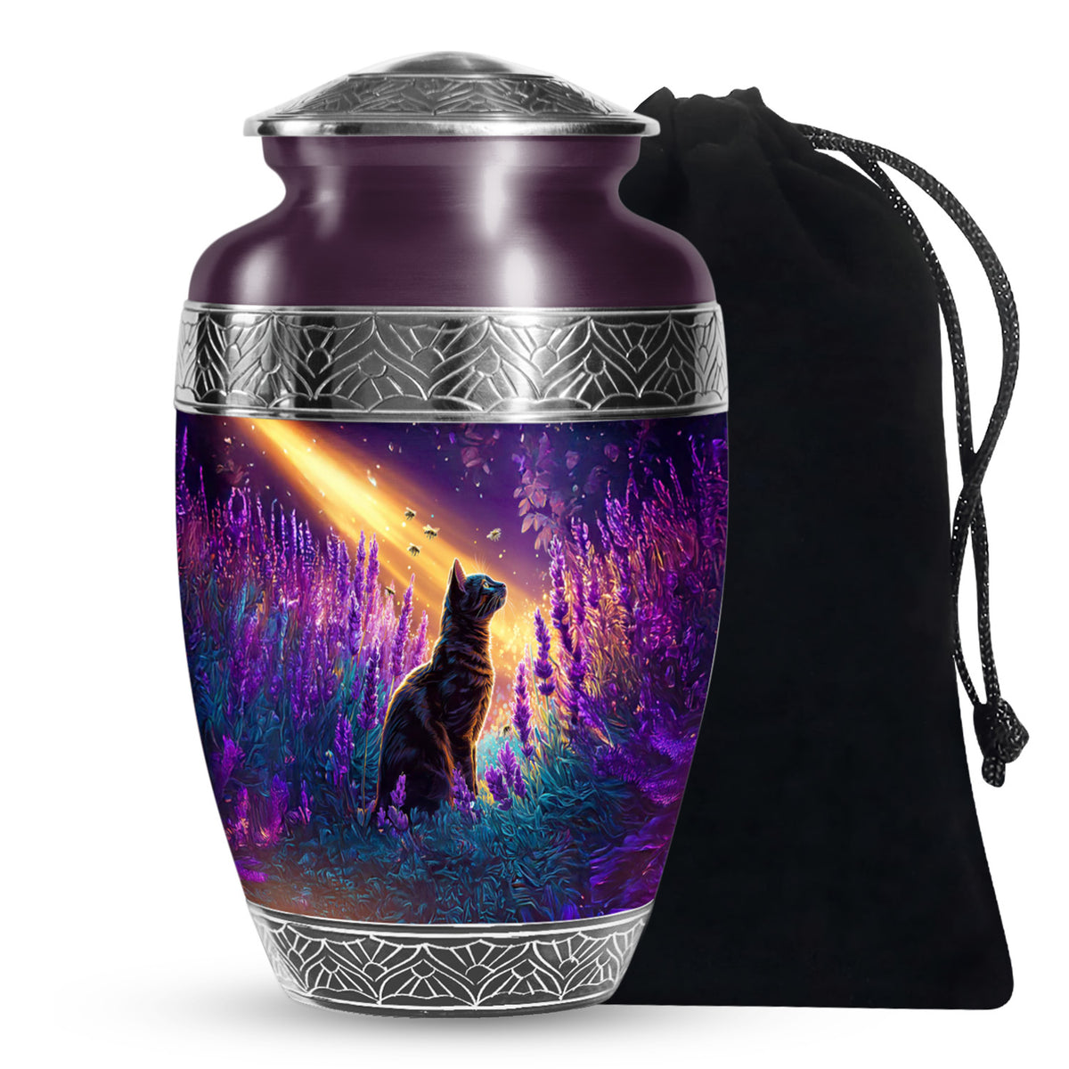 Black Cat Memorial Urn - Lavender Field Cremation Urn For Pet Ashes