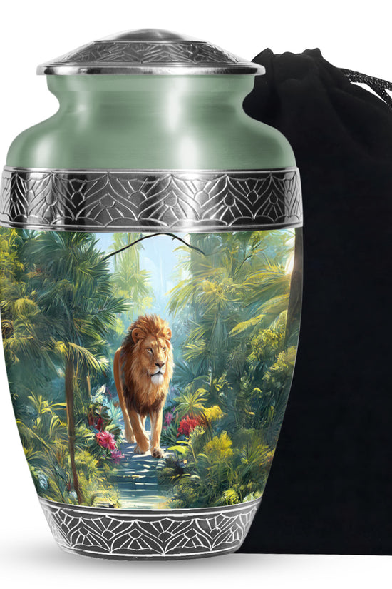 Jungle Lion Memorial Urn - Tropical Forest Cremation Urn For Dad