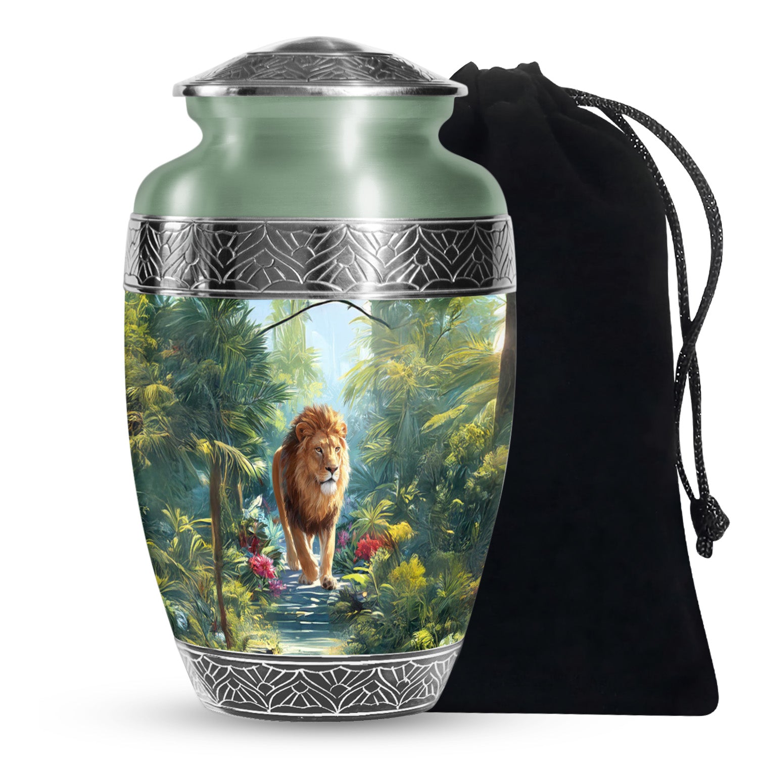 Jungle Lion Memorial Urn - Tropical Forest Cremation Urn For Dad