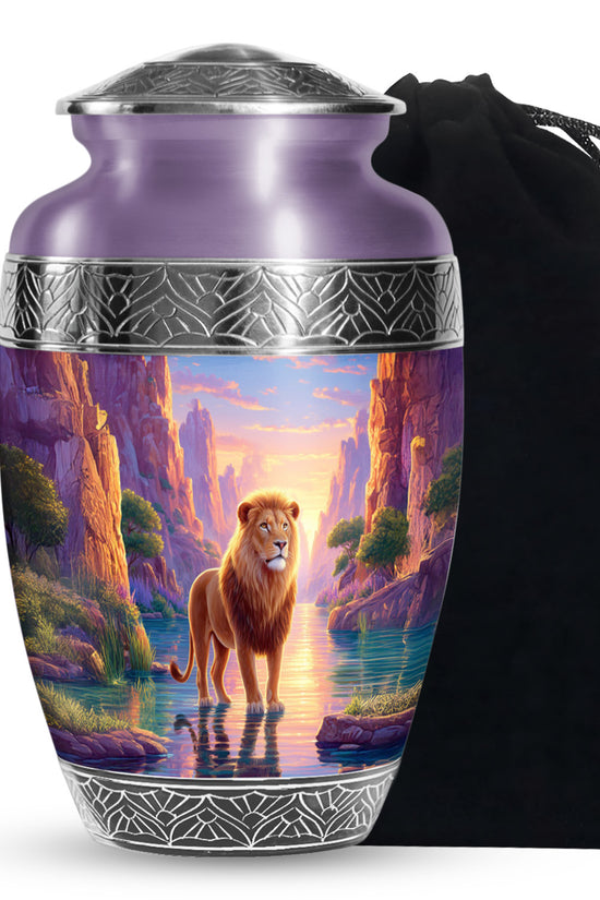 Lion Sunset Funeral Urn - Purple Aluminium Cremation Urn For Human Ashes