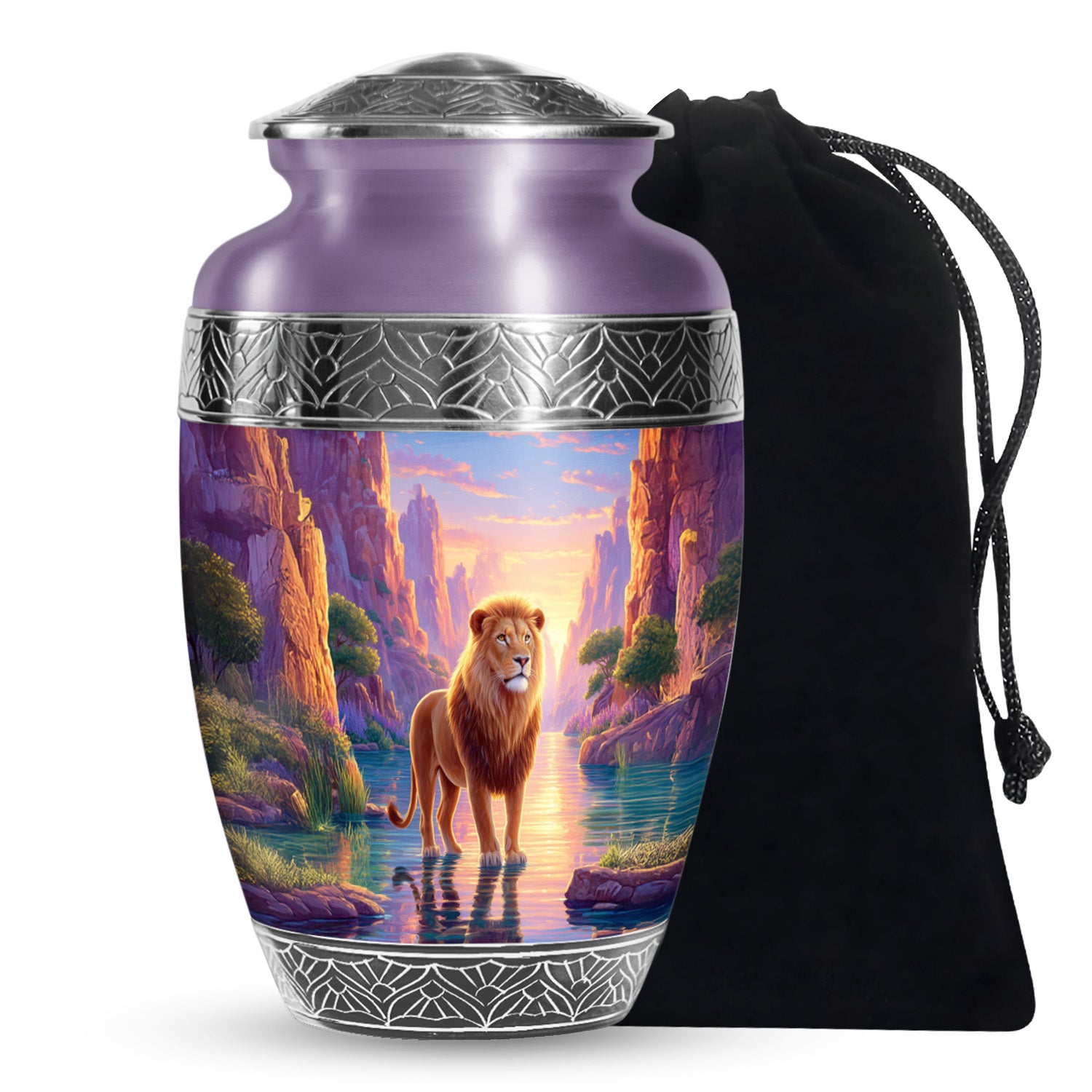 Lion Sunset Funeral Urn - Purple Aluminium Cremation Urn For Human Ashes