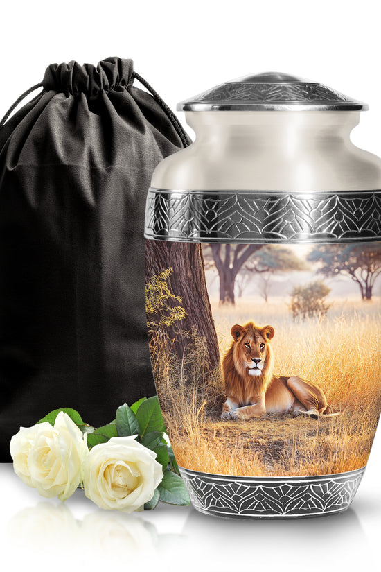 Forest Lion Cremation Urn - Aluminium Memorial Urn For Burial
