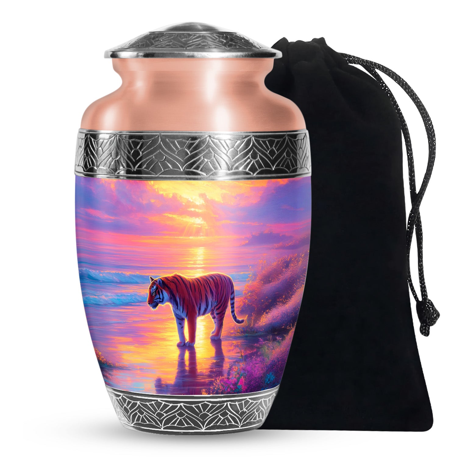 Tiger Themed Memorial Urn - Sunset Scene Cremation Urn For Adult Ashes
