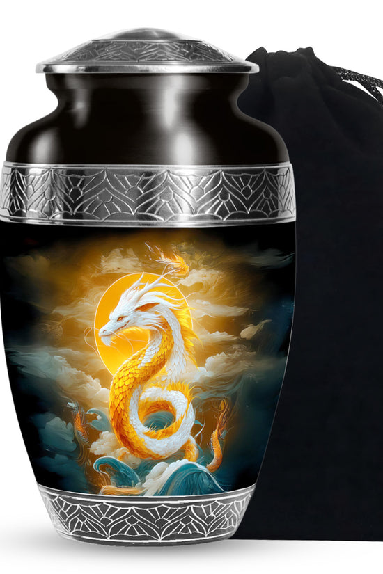White Gold Dragon Cremation Urn - Aluminium Funeral Urn For Ashes