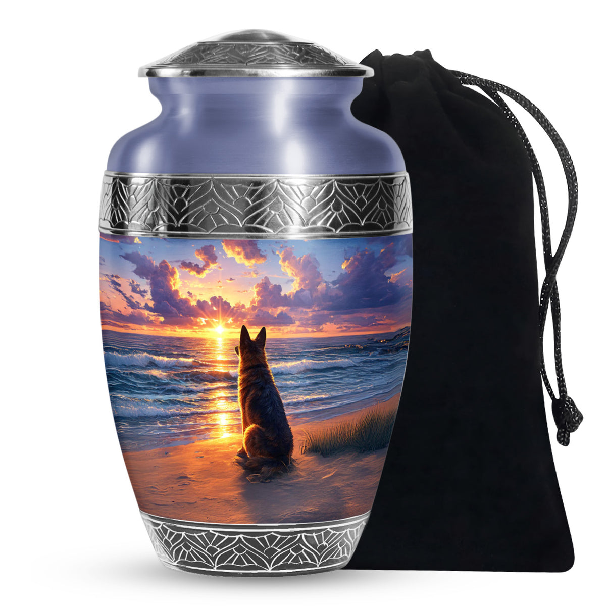 German Shepherd Tribute Funeral Urn - Ocean Sunset Memorial For Dog Ashes