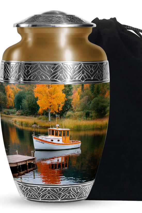 Boat Scenic Cremation Urn - Autumn Lake Memorial Urn For Ashes