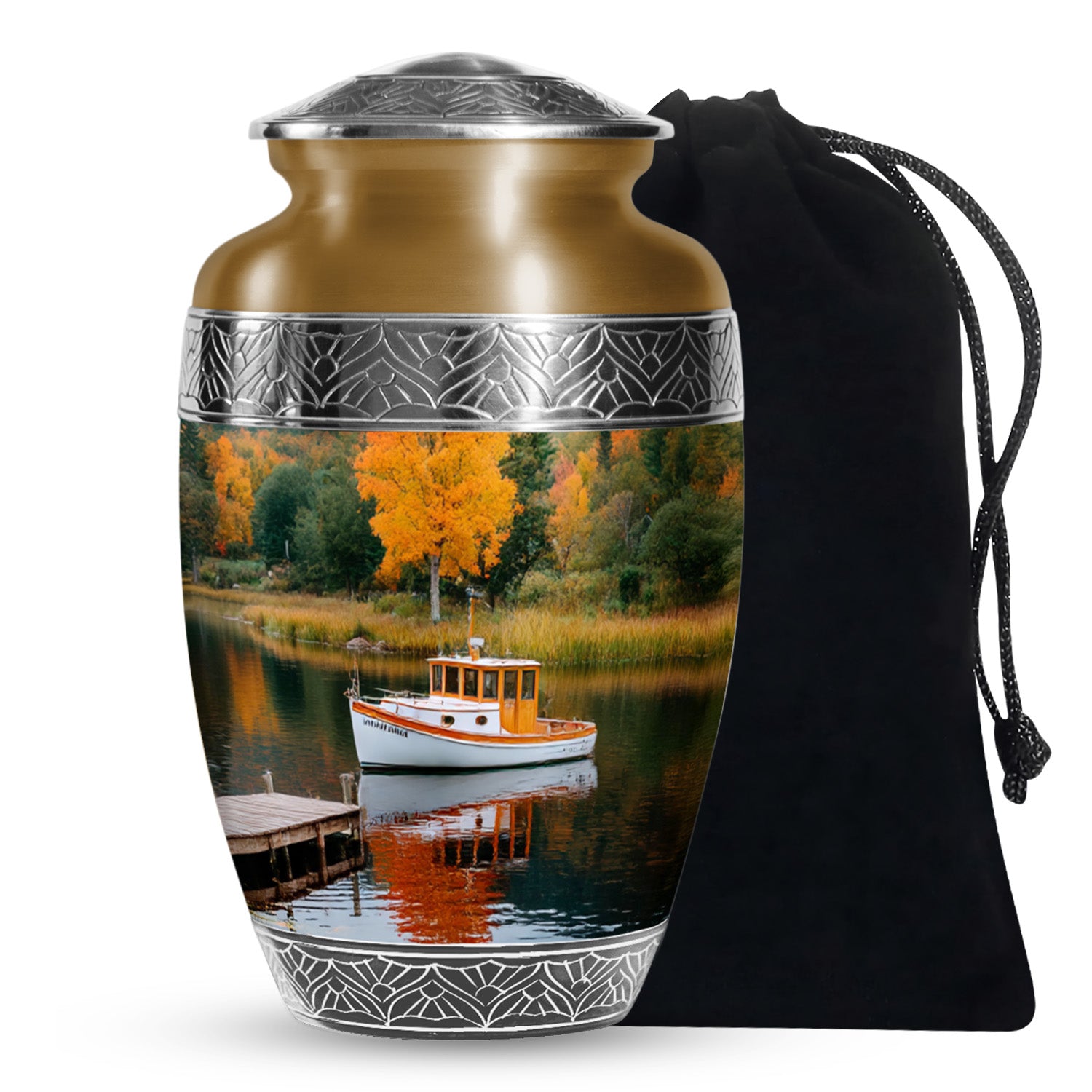 Boat Scenic Cremation Urn - Autumn Lake Memorial Urn For Ashes