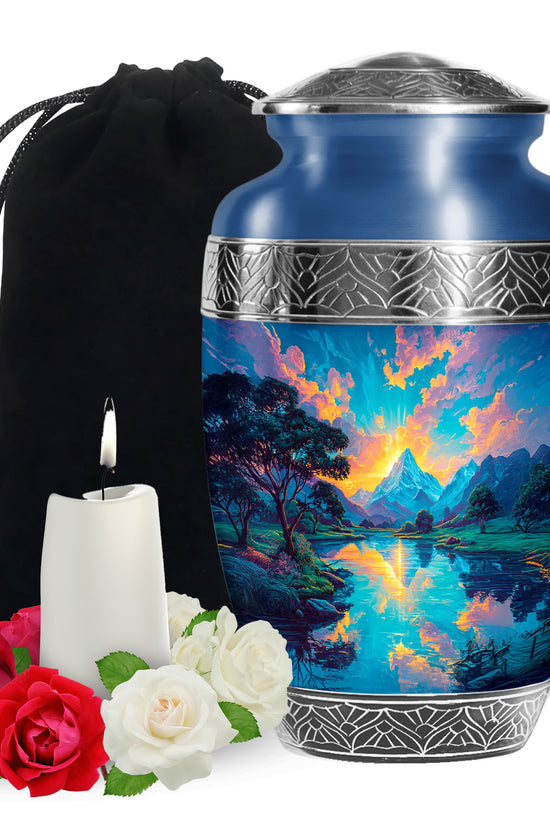 Sunset Mountain Lake Cremation Urn - Peaceful Nature Funeral Urn For Adult Ashes
