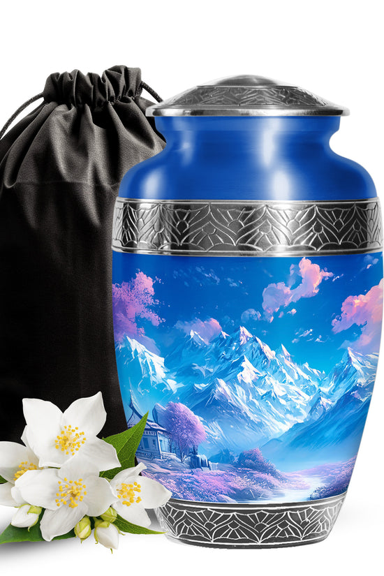 Beautiful Snow Mountain Funeral Urn For Ashes - Blue Large Memorial Urn For Ashes