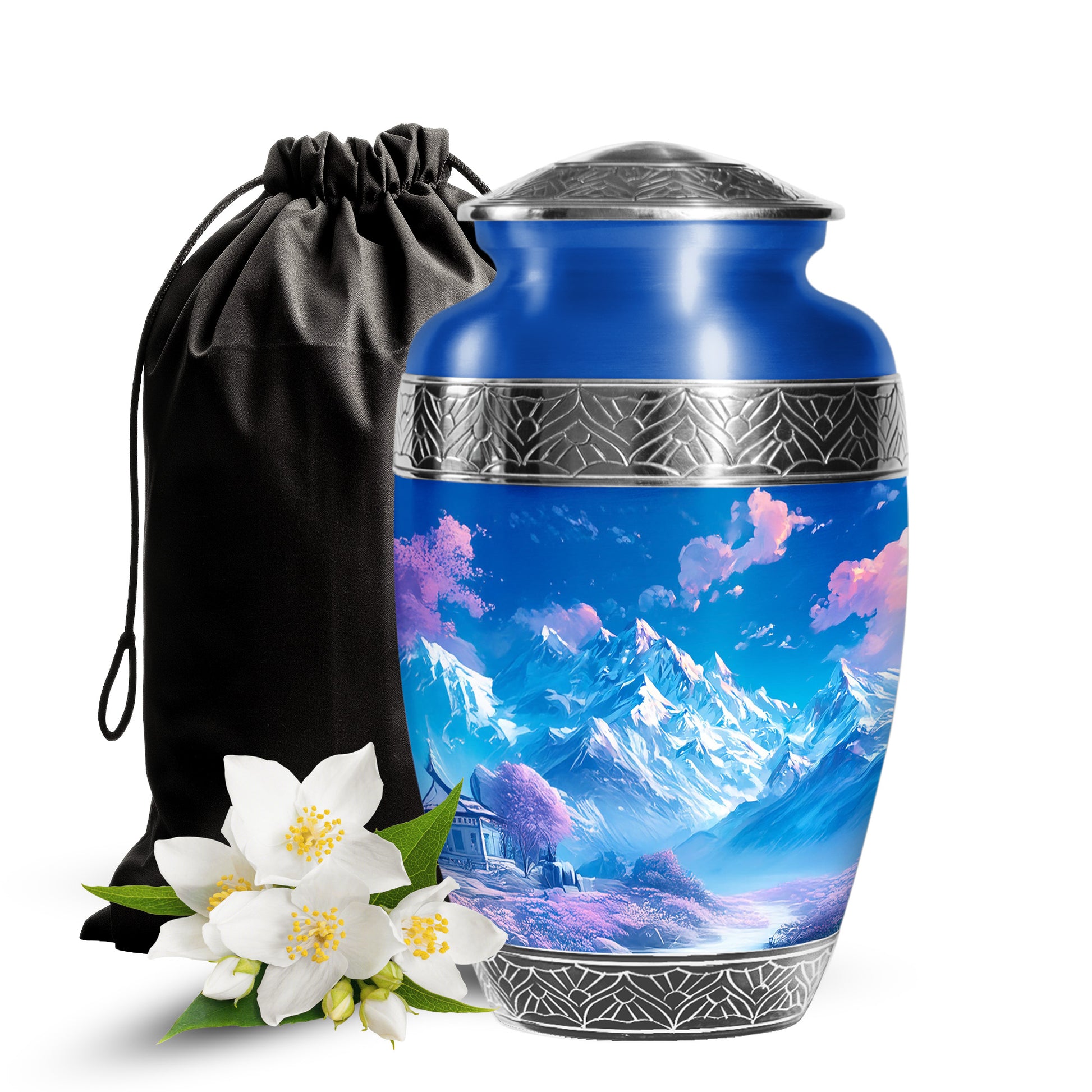 Beautiful Snow Mountain Funeral Urn For Ashes - Blue Large Memorial Urn For Ashes