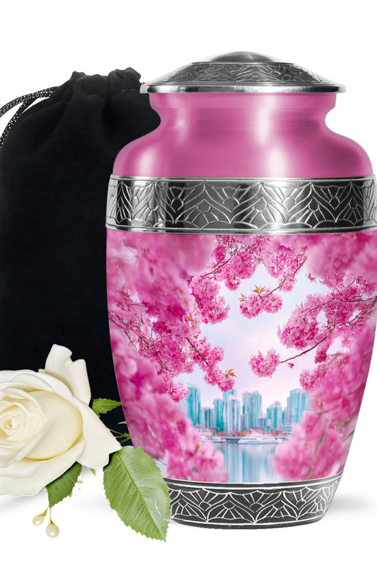 Cherry Blossom Cremation Urn- Pink Floral Memorial Urn For Burial