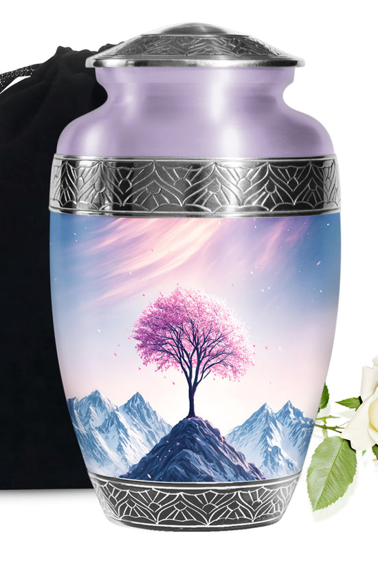 Floral Tree Peak Cremation Urn – Pink Blossom Memorial Urn For Ashes