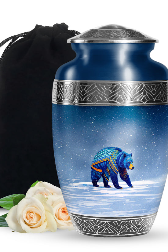 Blue Bear Cremation Urn - Tribal Wildlife Memorial Urn For Ashes
