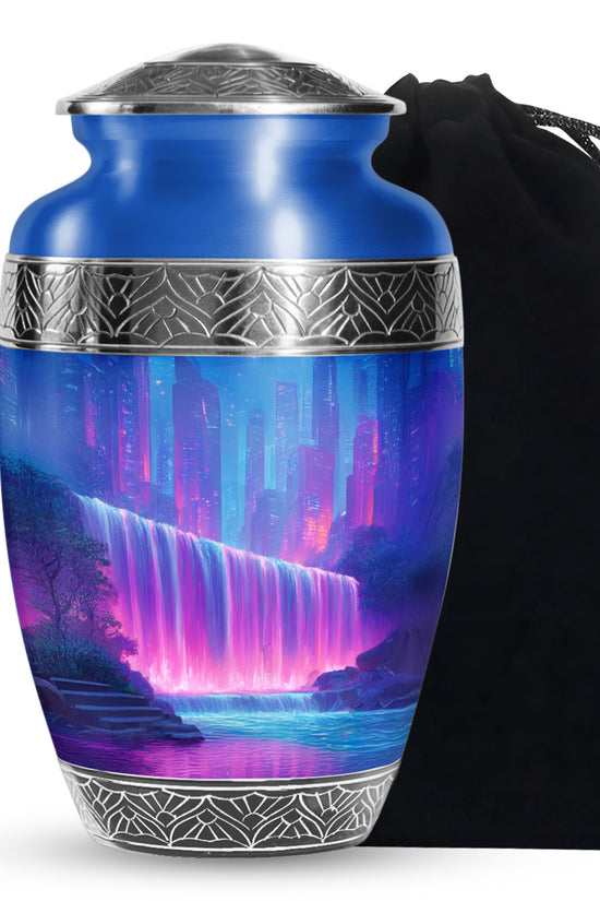 Neon Waterfall Funeral Urn For Ashes - City Memorial Urn For Burial