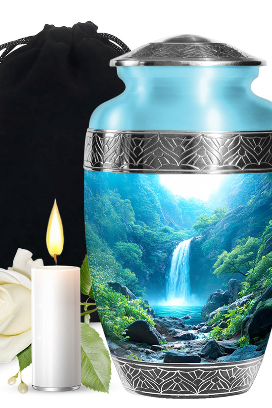 Scenic Waterfall Funeral Urn - Blue Aluminium Cremation Urn For Adult Ashes