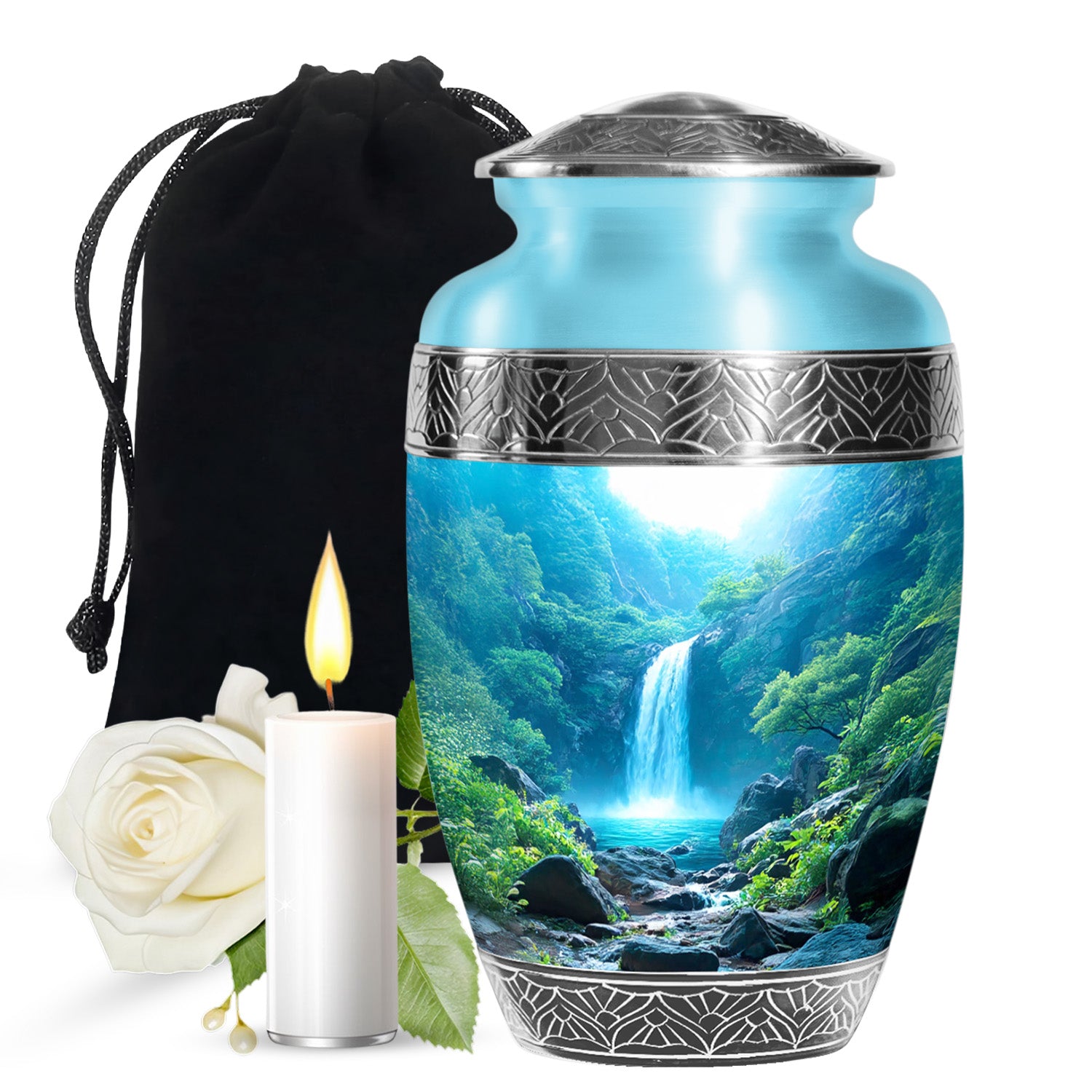 Scenic Waterfall Funeral Urn - Blue Aluminium Cremation Urn For Adult Ashes