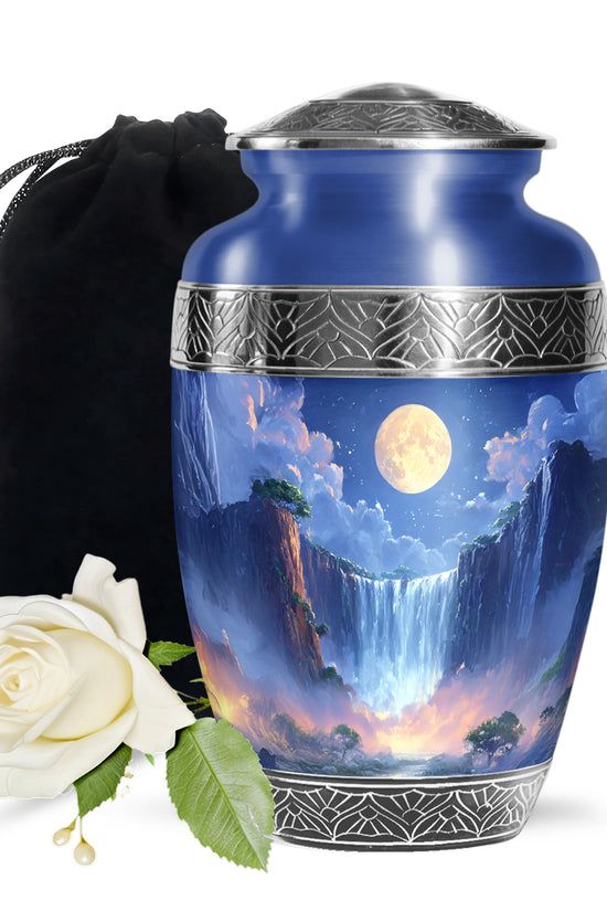 Beautiful Nature Theme Cremation Urn - Blue Aluminium Memorial Urn For Human Ashes