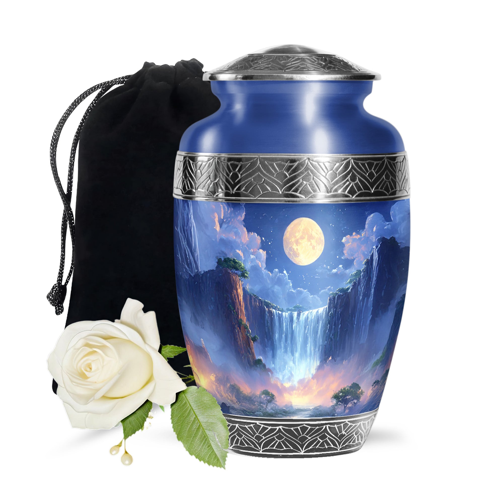 Beautiful Nature Theme Cremation Urn - Blue Aluminium Memorial Urn For Human Ashes