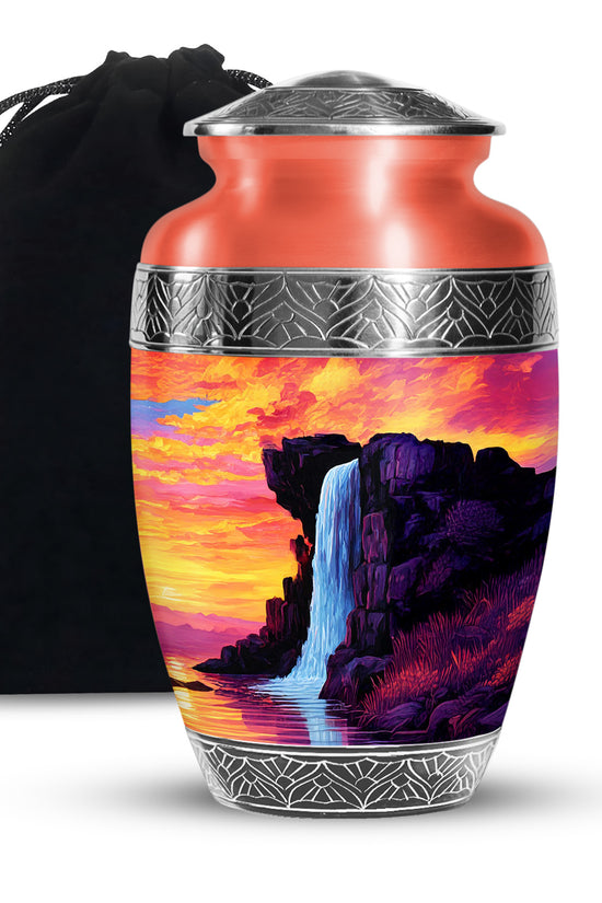 Mountain Waterfall Funeral Urn - Orange Aluminium Memorial Urn For Burial
