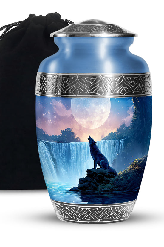 Mountain Waterfall Cremation Urn - Wolf Memorial Urn For Adult Ashes