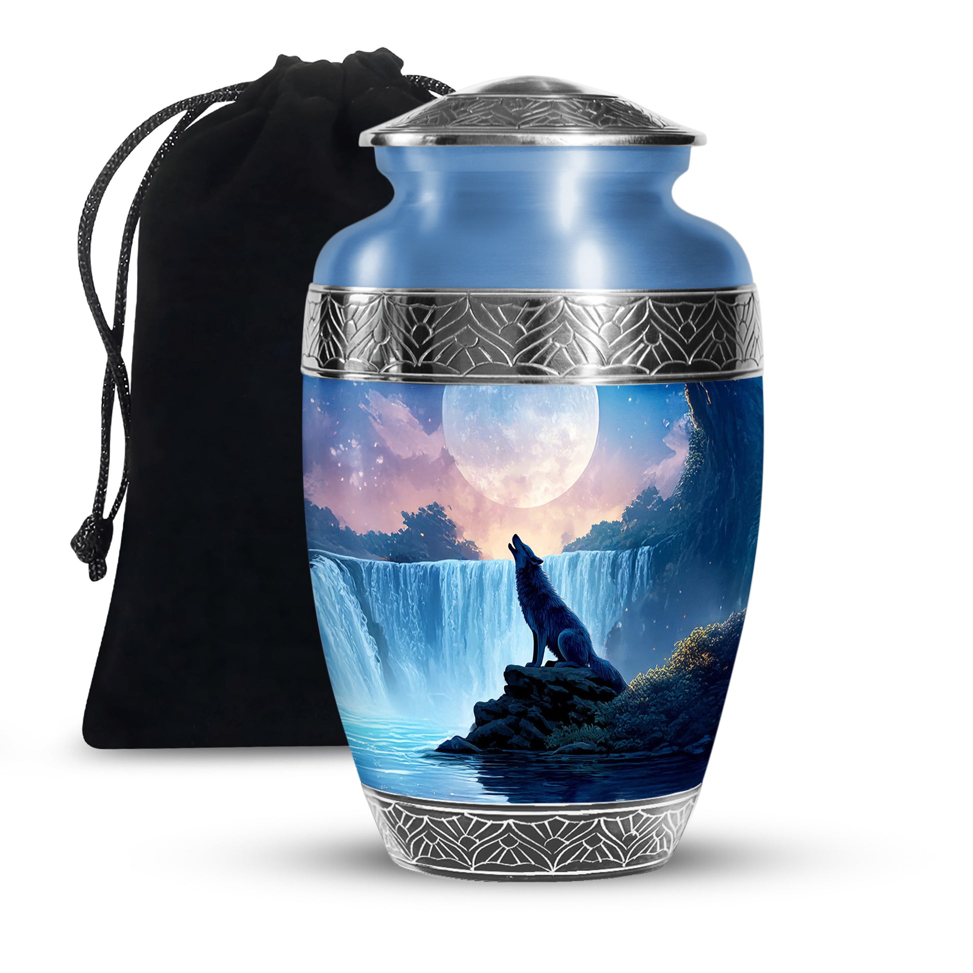 Mountain Waterfall Cremation Urn - Wolf Memorial Urn For Adult Ashes