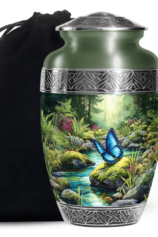 Blue Butterfly Theme Creamtion Urn - Beautiful Nature Theme Funeral Urn For Ashes