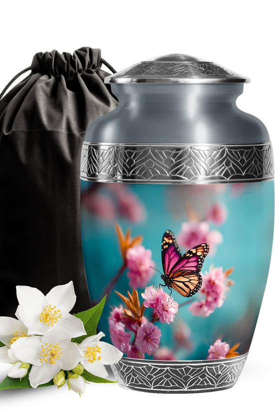 Pink Butterfly Funeral Urn - Floral Cremation Urn For Human Ashes