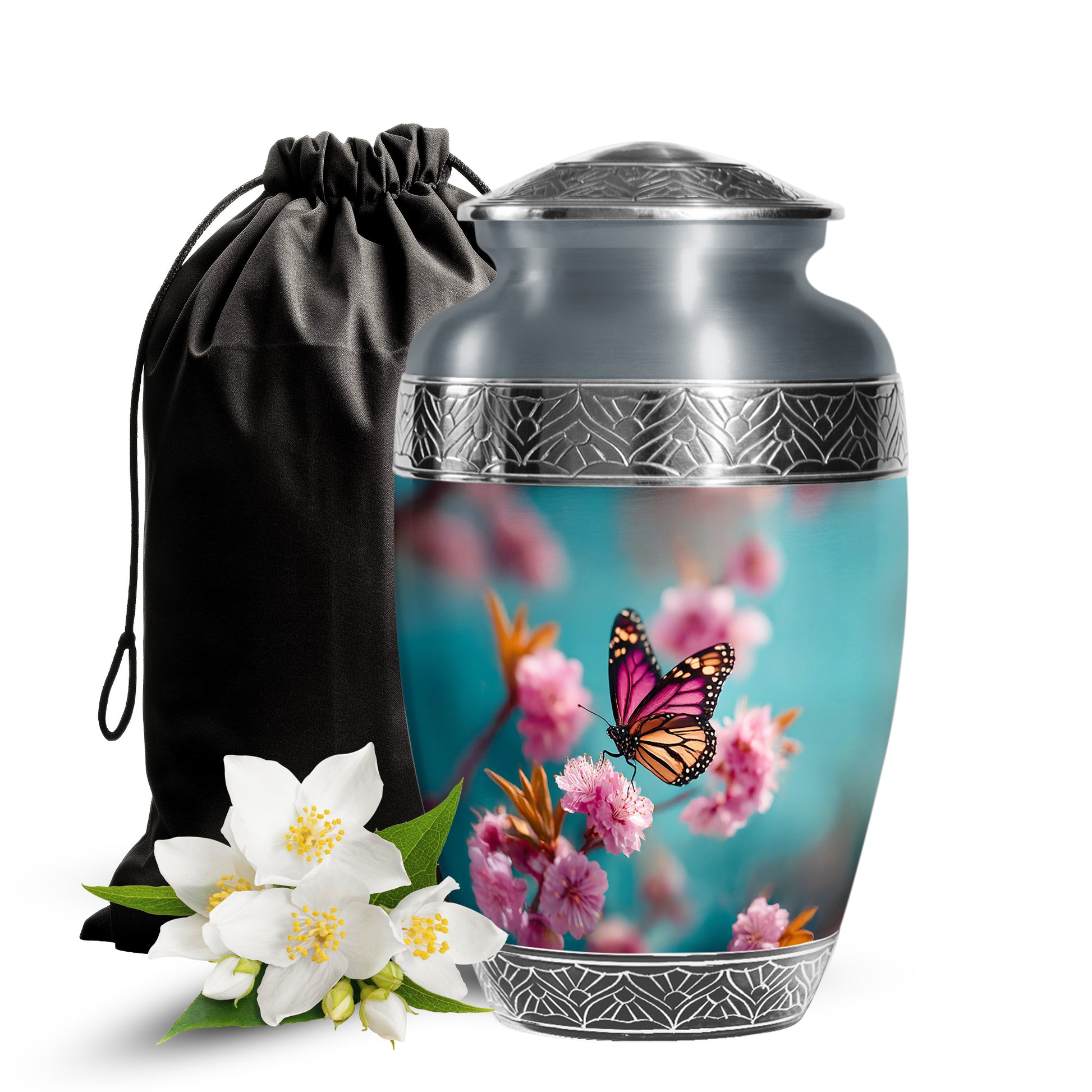 Pink Butterfly Funeral Urn - Floral Cremation Urn For Human Ashes
