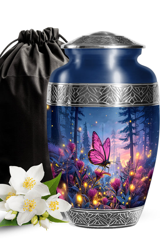 Pink Butterfly Forest Funeral Urn - Pink Flower Theme Cremation Urn For Burial