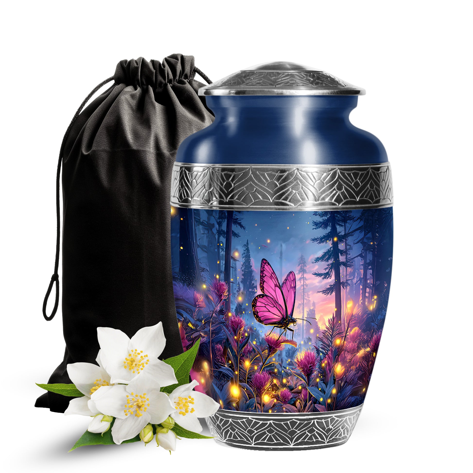 Pink Butterfly Forest Funeral Urn - Pink Flower Theme Cremation Urn For Burial