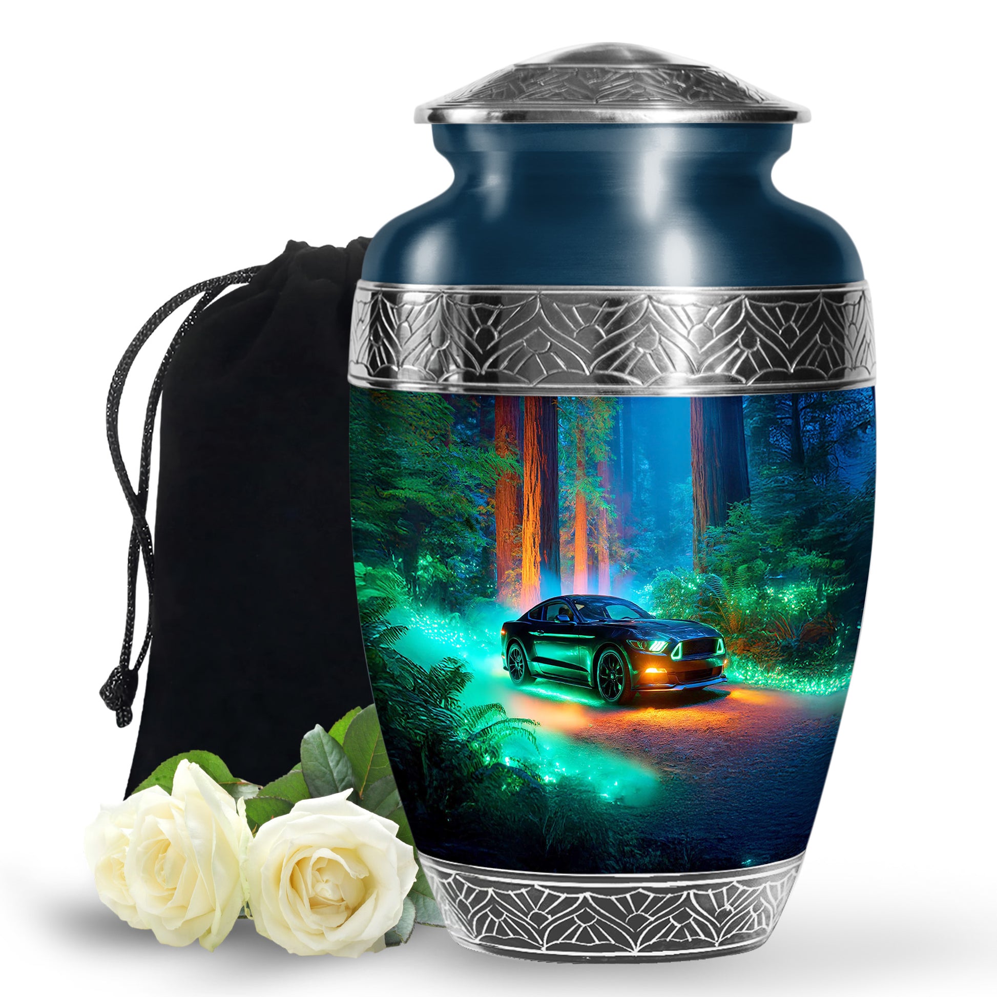 Black Car Urn For Funeral Ashes - Neon Green Forest Funeral Urn