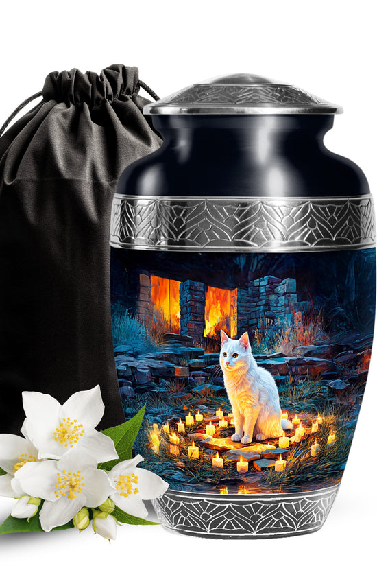 White Cat Cremation Urn - Black Aluminium Funeral Urn For Pet Ashes