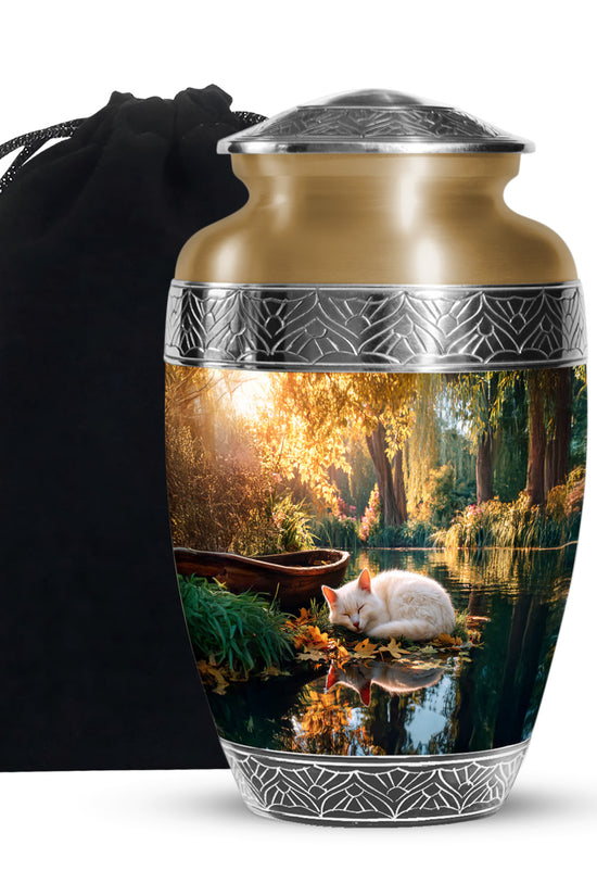 White Cat Theme Memorial Urn - Large Funeral Urn For Ashes
