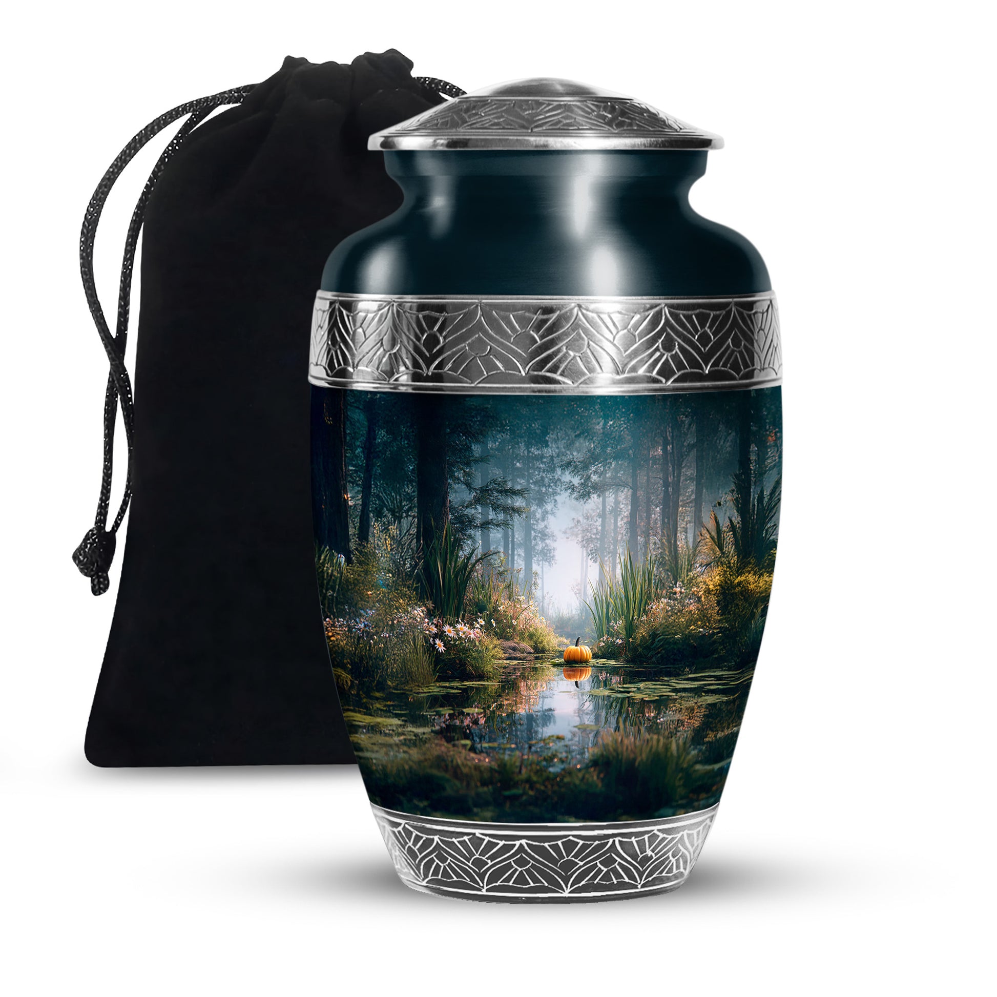 Peaceful Nature Forest Lake Cremation Urn - Aluminium Funeral Urn For Ashes