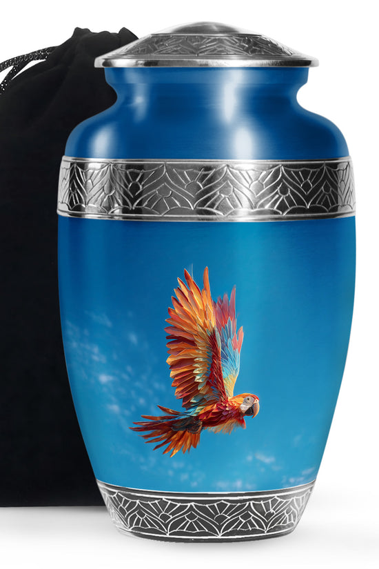 Orange Parrot Memorial Urn - Large Aluminium Cremation Urn For Ashes