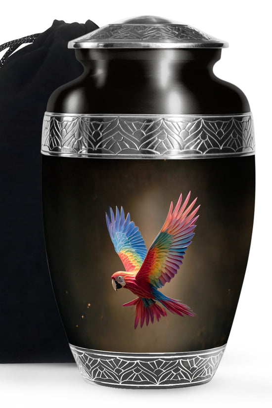 Colourful Parrot Funeral Urn - Black Aluminium Memorial Urn For Adult Ashes