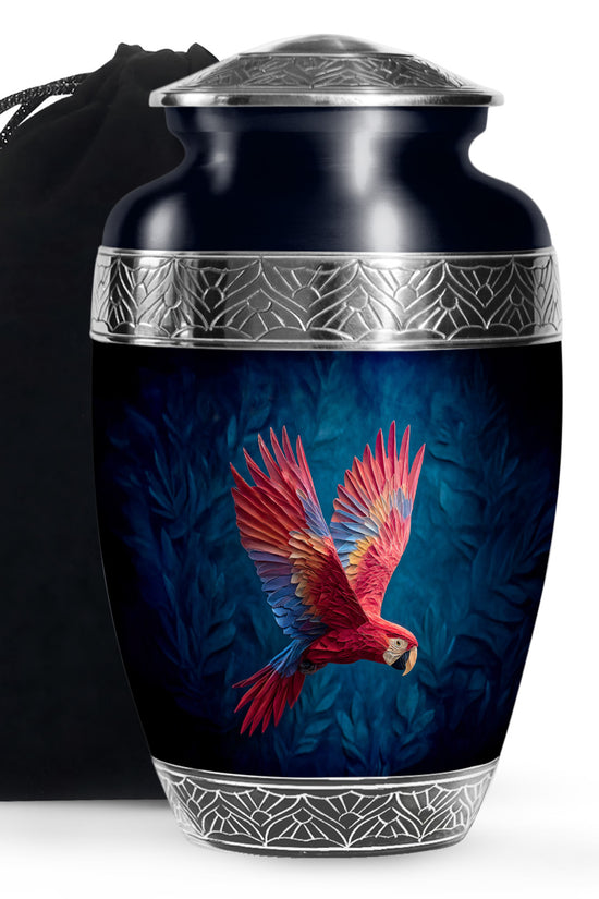 Red Parrot Memorial Urn - Beautiful Aluminium Funeral Urn For Ashes