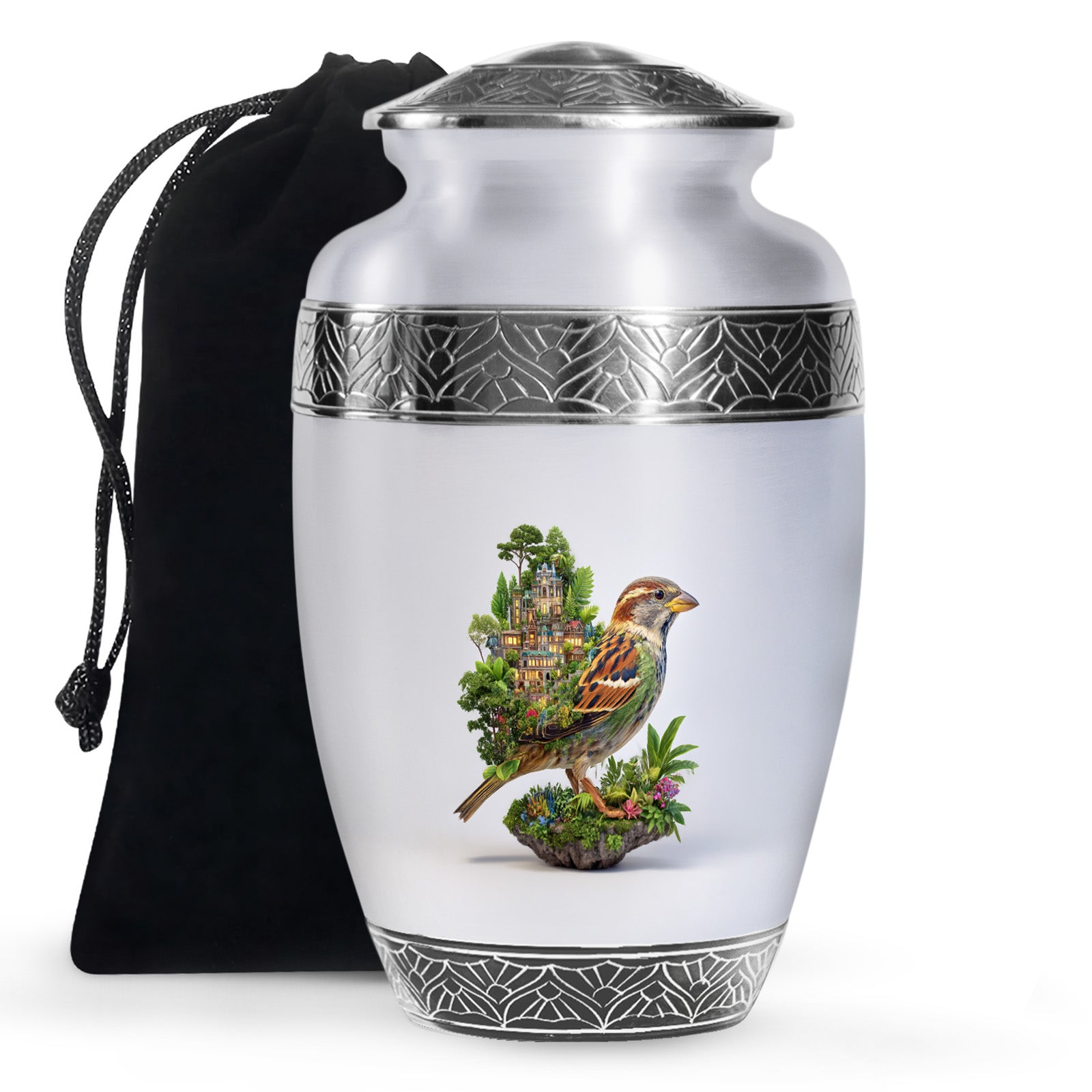 Nature Bird Funeral Urn - White Artistic Cremation Urn for Adult Ashes
