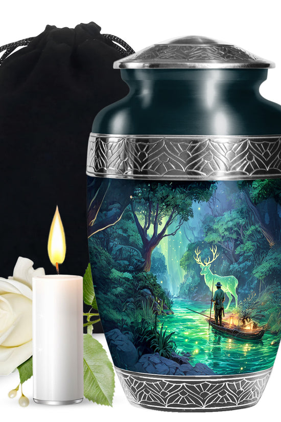 Serene Forest River Deer Memorial Urn - Fisherman Memorial Urn For Adult Ashes