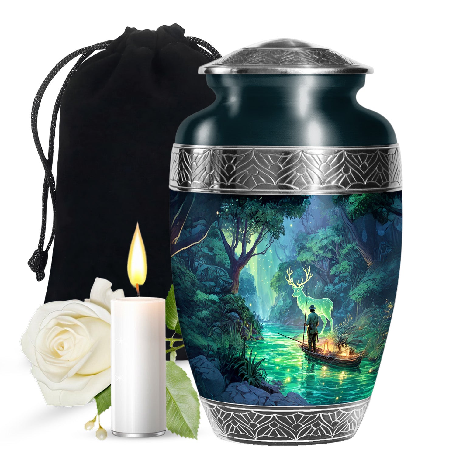 Serene Forest River Deer Memorial Urn - Fisherman Memorial Urn For Adult Ashes