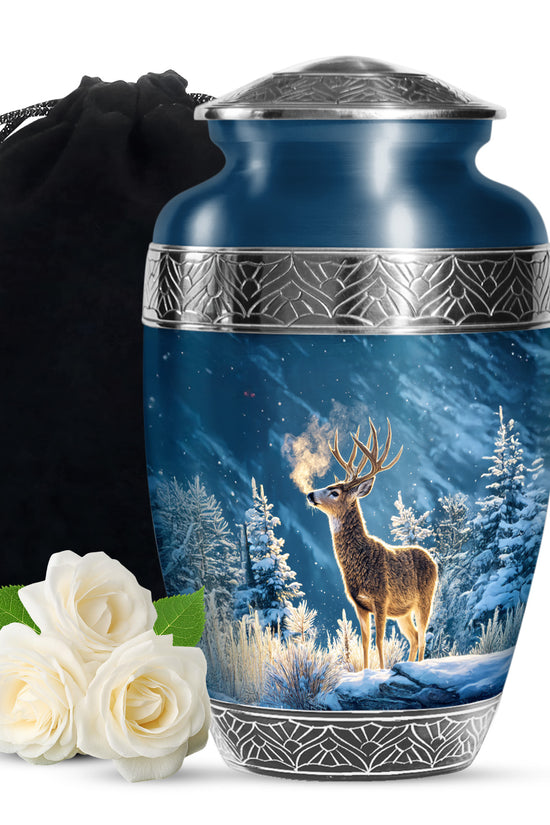 Winter Wildlife Deer Theme Funeral Urn - Aluminium Memorial Urn For Burial