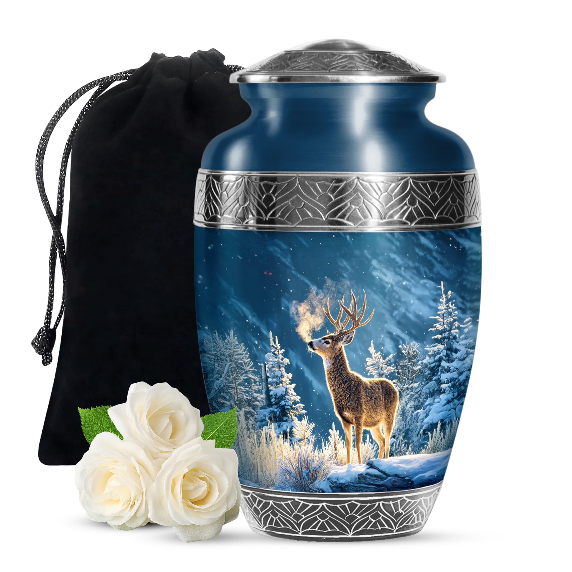 Winter Wildlife Deer Theme Funeral Urn - Aluminium Memorial Urn For Burial