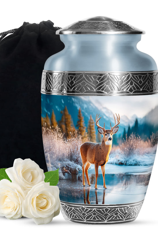 Nature Deer Funeral Urn - Winter Frozen Lake Memorial Urn For Loved Ones
