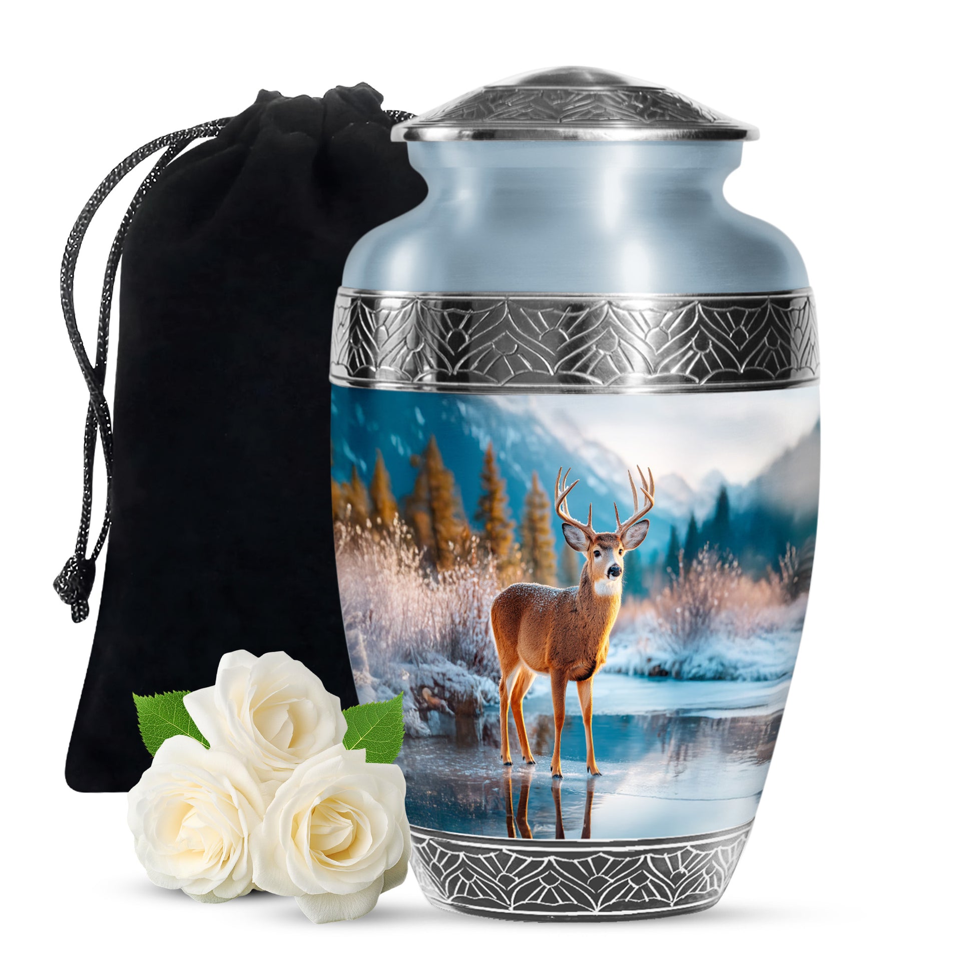 Nature Deer Funeral Urn - Winter Frozen Lake Memorial Urn For Loved Ones