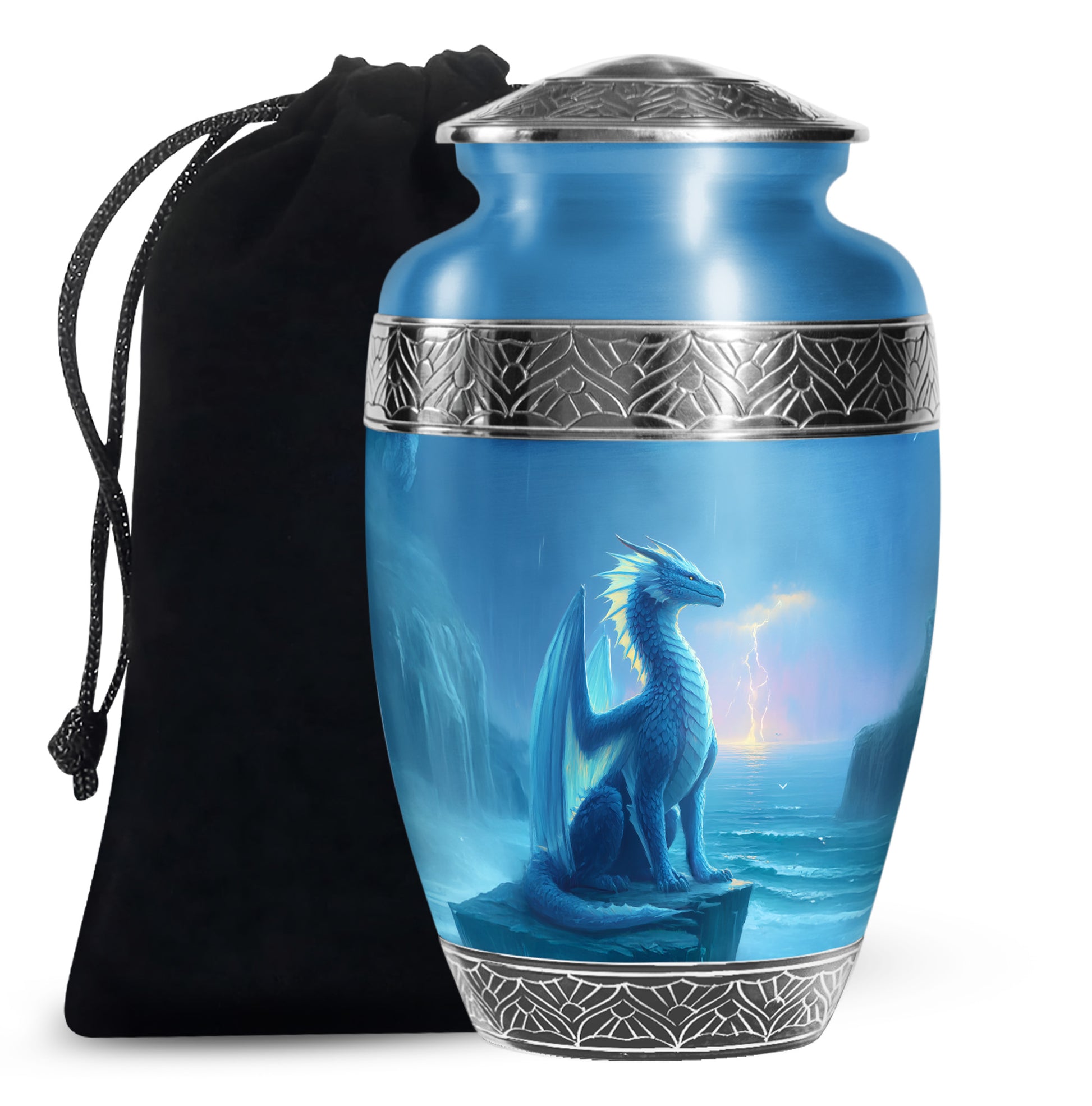 Blue Dragon Cremation Urn - Blue Aluminium Funeral Urn For Ashes