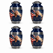 Personalized American flag Premium Classic urn, 4 Keepsake 3 inch Urns; sample portrait and memorial text